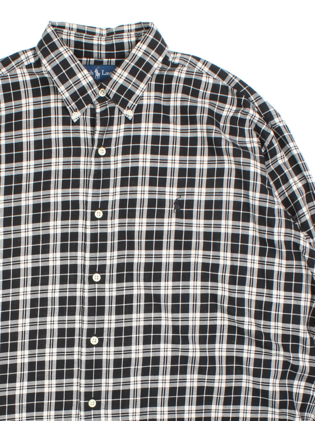 Ralph Lauren Shirt in a black colourway with white and grey checked pattern. Button up with classic logo on the front.