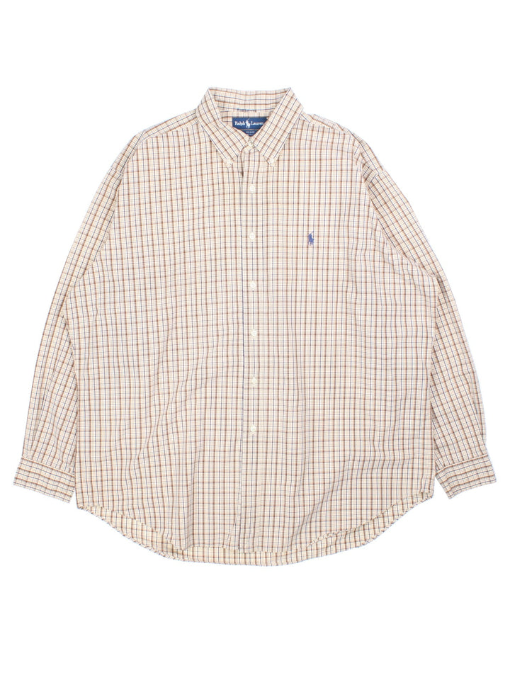 Ralph Lauren Shirt in a tan colourway with checked pattern. Button up with classic logo on the front.