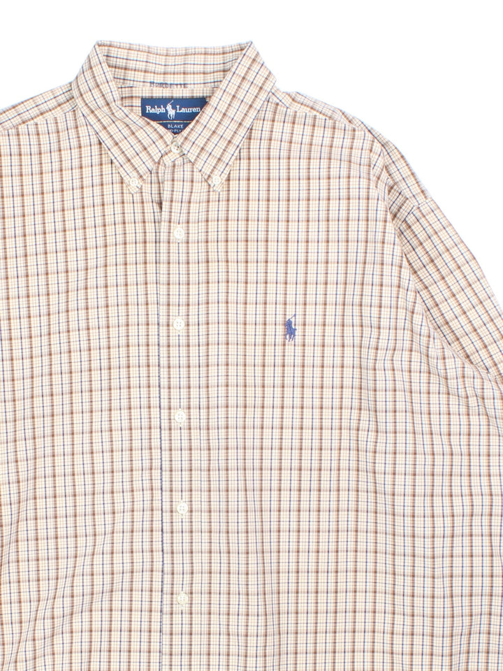 Ralph Lauren Shirt in a tan colourway with checked pattern. Button up with classic logo on the front.