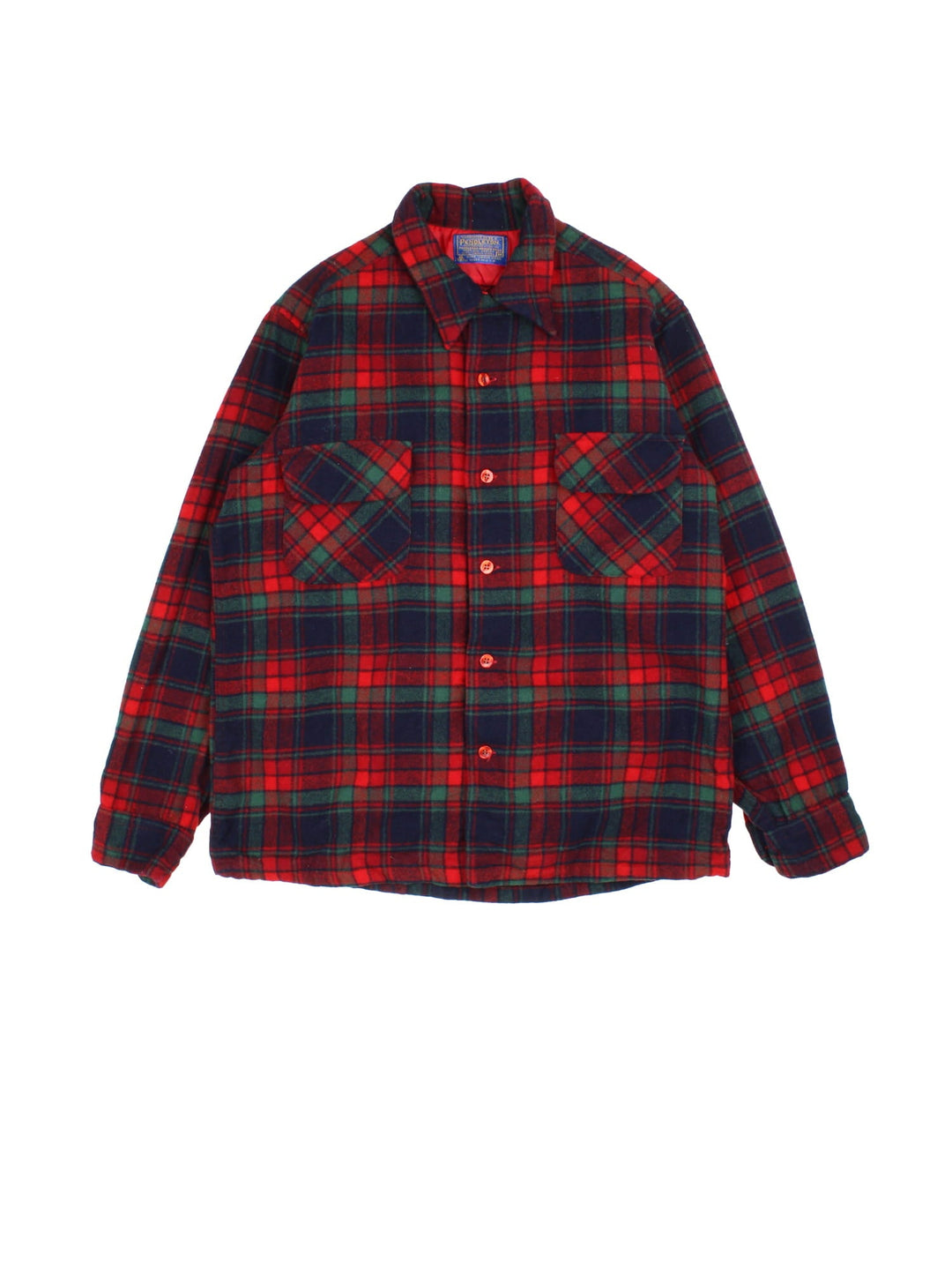 Pendleton Shirt in a red colourway, with green and blue checks. Button up with front patch pockets.