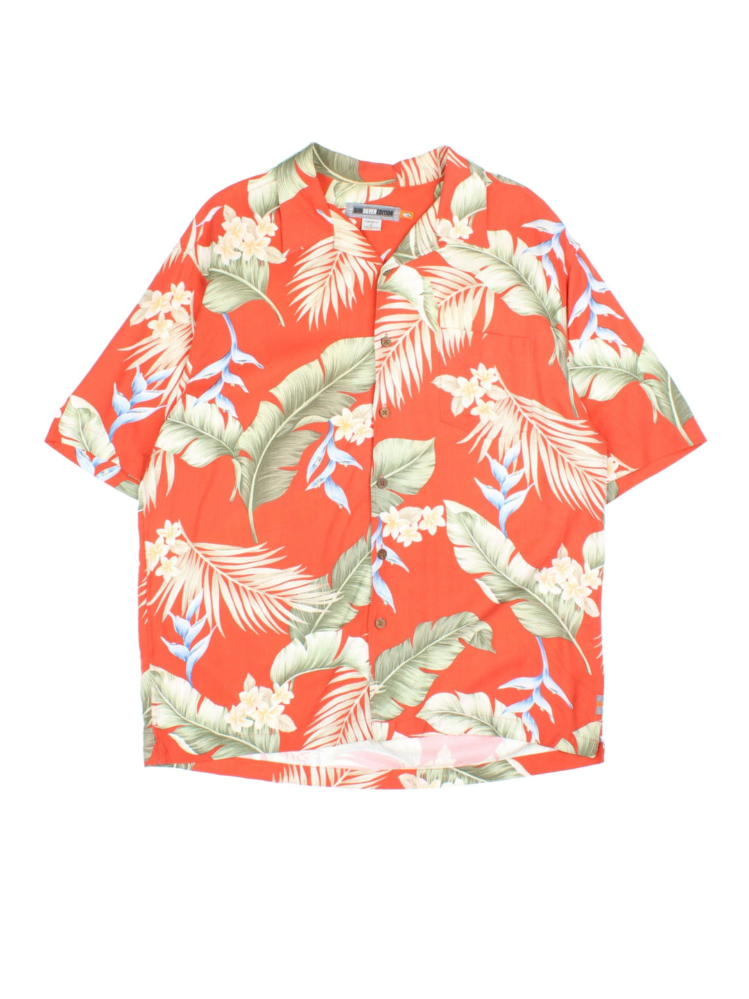 Quiksilver Hawaiian Shirt in a orange/floral colourway. Button up with rever collar and front pocket.