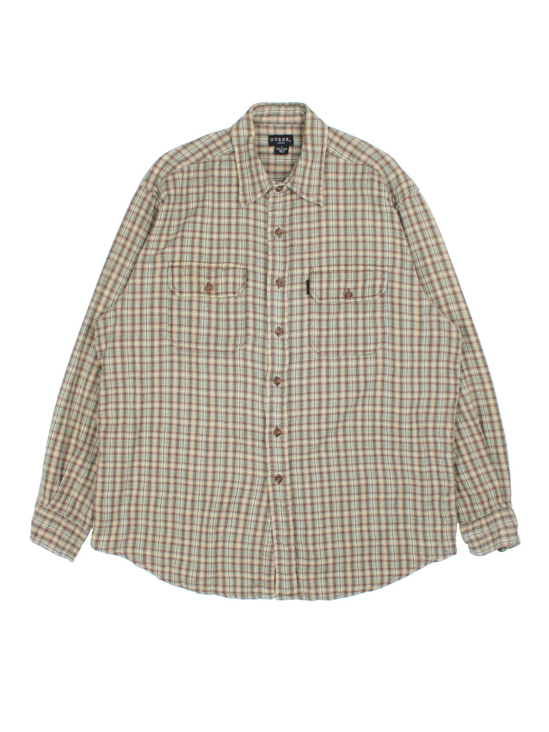 Guess Shirt in a tan/yellow checked colourway. Button up with two front pockets and branded tab.