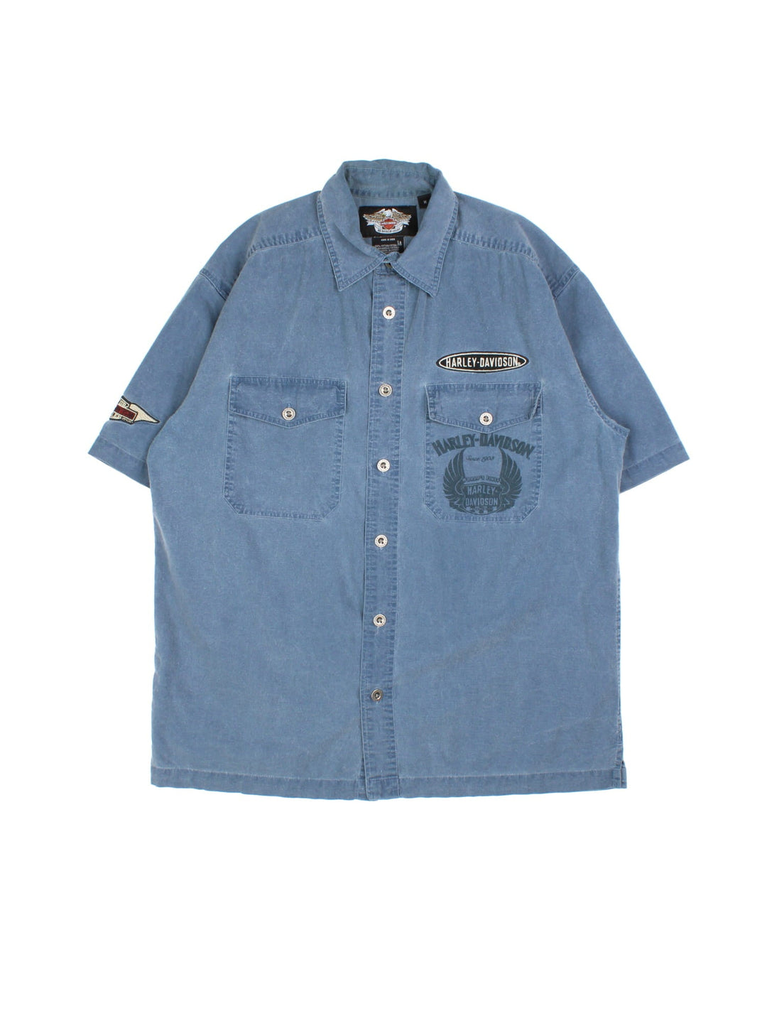 Harley-Davidson Shirt in a blue colourway. Button up with front patch pockets and branding on front and back.