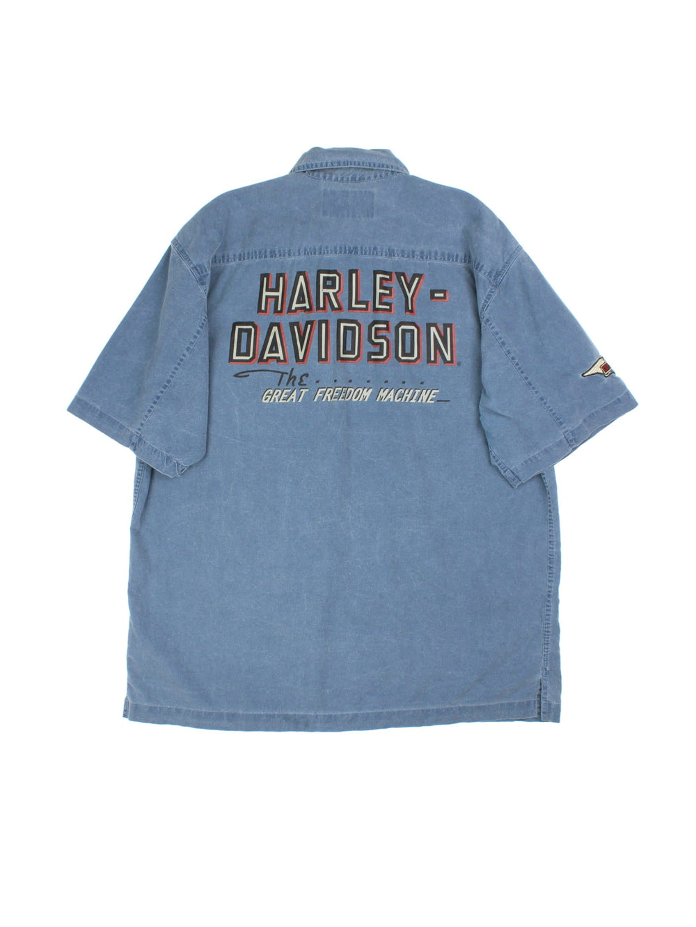 Harley-Davidson Shirt in a blue colourway. Button up with front patch pockets and branding on front and back.