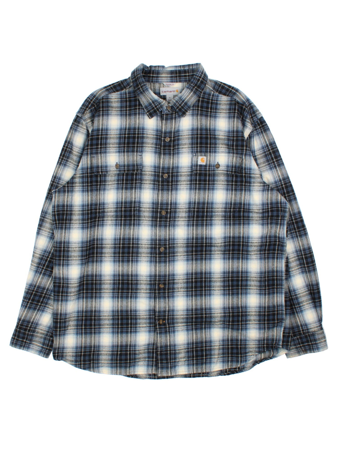 Carhartt Shirt in a blue/white checked colourway. Button up with patch pockets and branding on front.