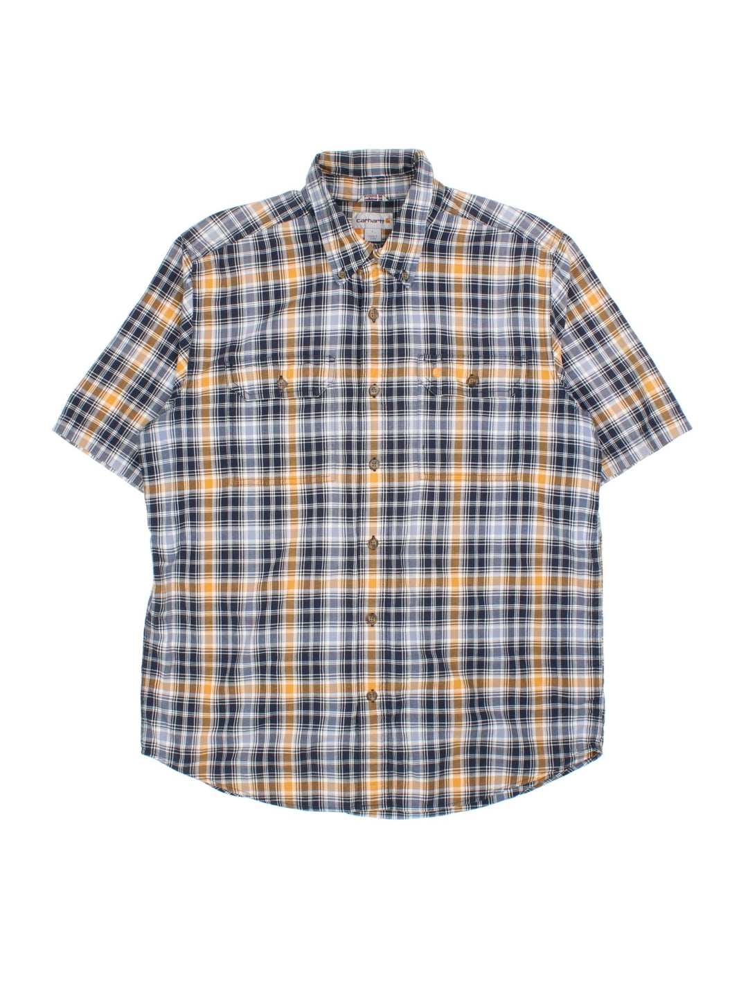 Carhartt Shirt in a blue/white/yellow checked colourway. Button up with patch pockets and branding embroidered on front.