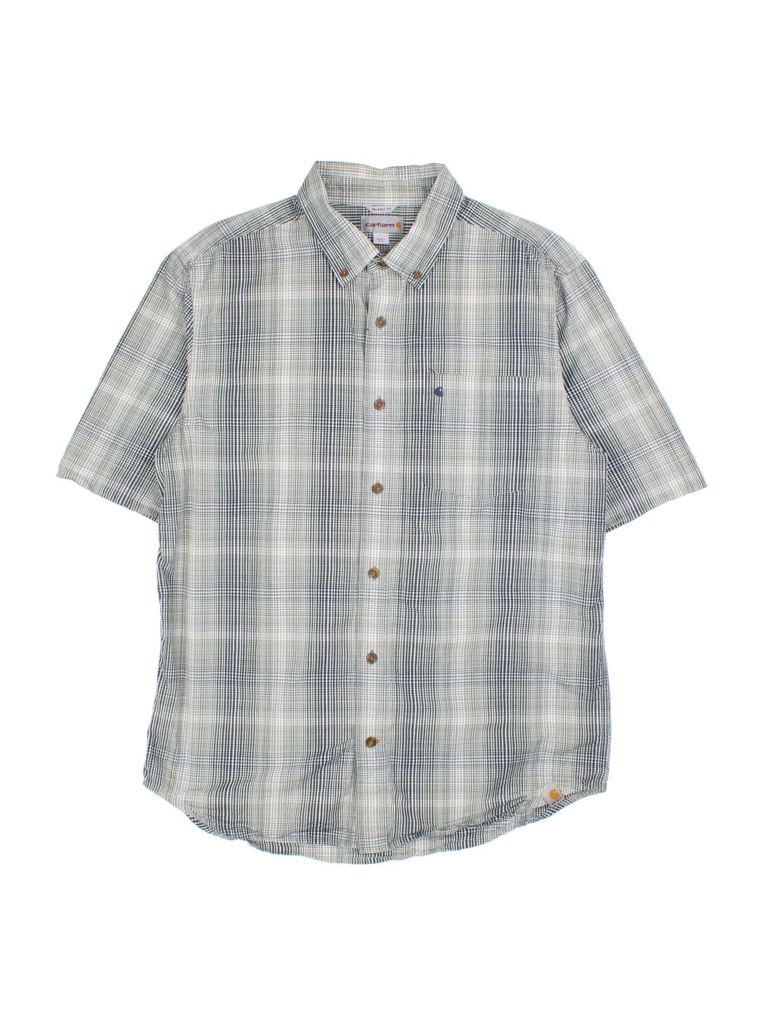 Carhartt Shirt in a blue/white checked colourway. Button up with pocket and branding embroidered on front.