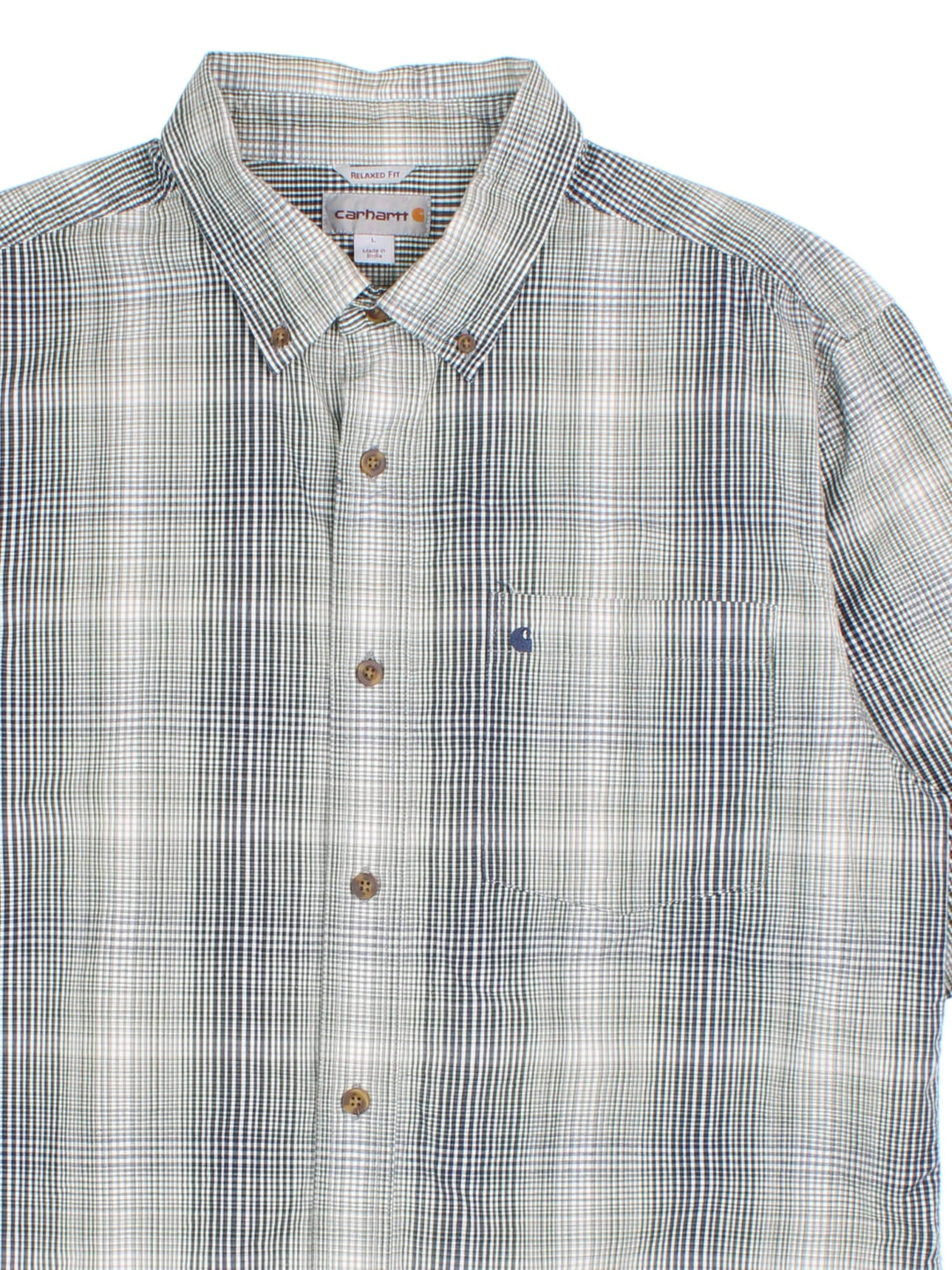 Carhartt Shirt in a blue/white checked colourway. Button up with pocket and branding embroidered on front.