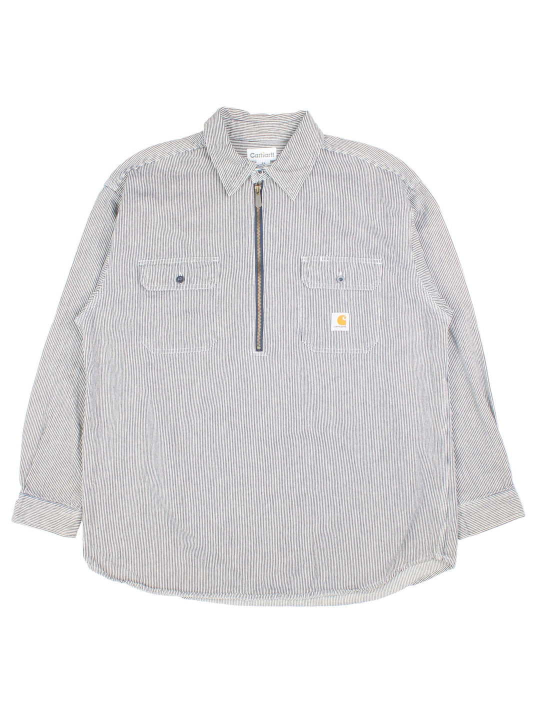 Carhartt Hickory Shirt in a blue/white stripe colourway.1/4 zip fastening, front patch pockets and branded logo patch.