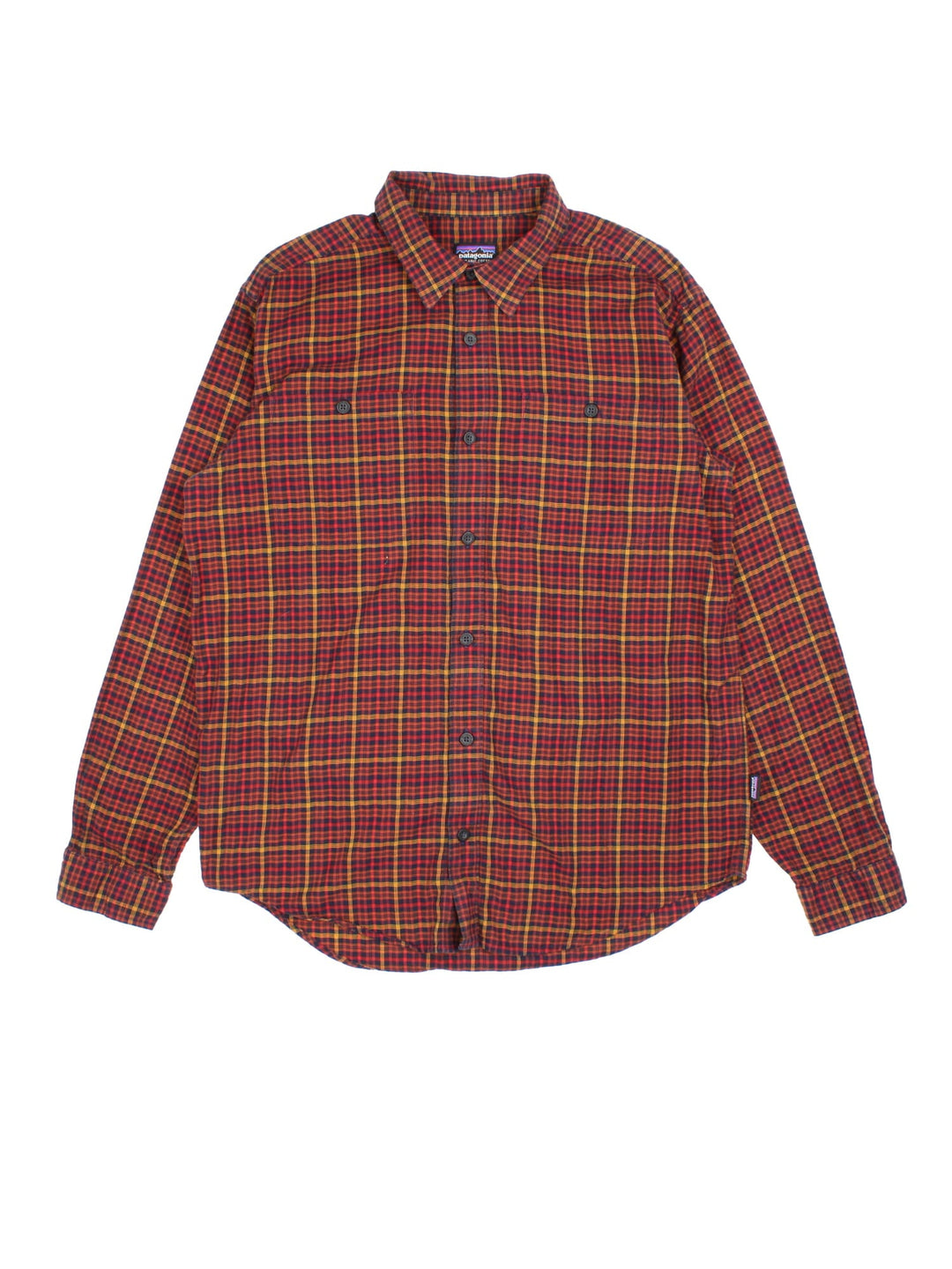 Patagonia Shirt in a orange colourway with checked pattern. Button up with two front pockets.