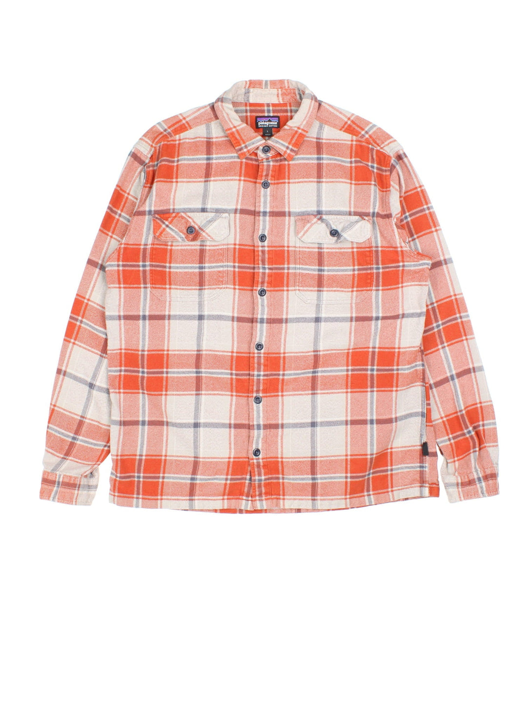 Patagonia Flannel Shirt in a orange colourway with large check patterning. Button up with two front pockets.