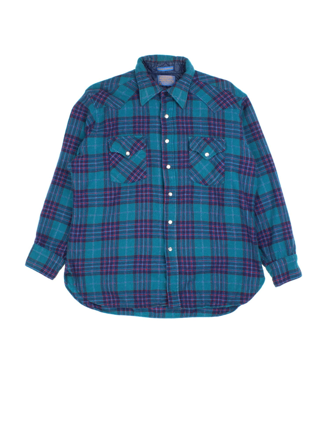 Pendleton Flannel Shirt in a blue colourway with checked patterning. Button up with two front pockets, pearl detailing to buttons.