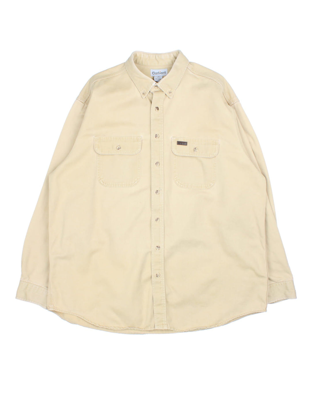 Carhartt Shirt in a tan colourway. Button up with two pockets on the front and small logo.