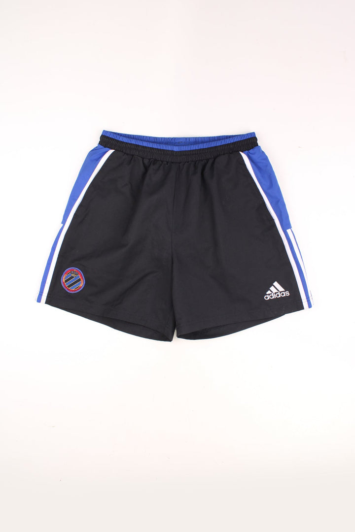 Adidas Club Brugge Football Team Shorts in a black, blue and white colourway, adjustable waist, pockets, cotton lining, and has the logos embroidered on the front. 