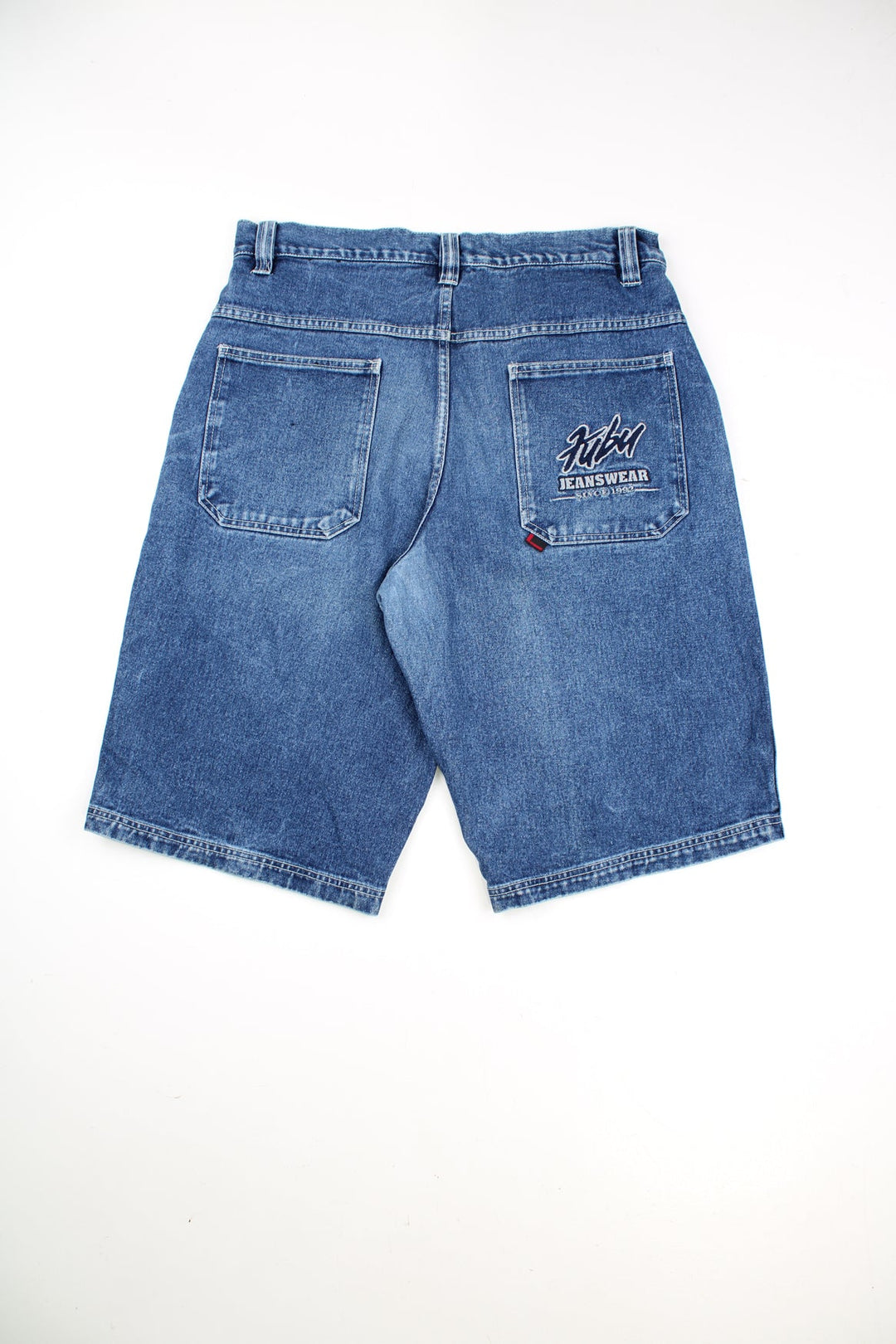 Vintage 90's style Fubu Jeanswear jorts with embroidered spell-out logo on the front and back pocket