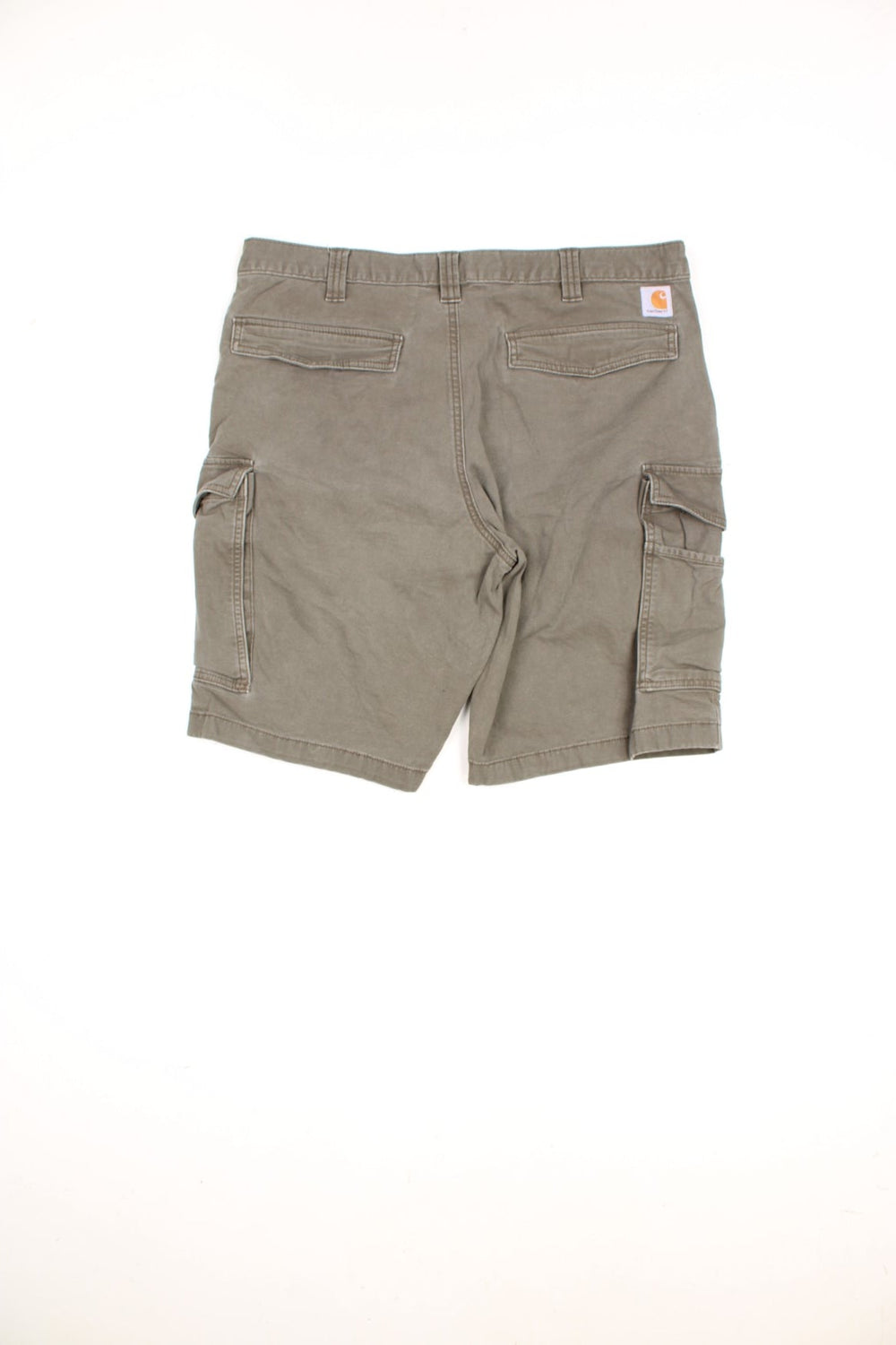 Carhartt Cargo Shorts in a khaki green colourway, has multiple pockets, and the logo embroidered on the back.