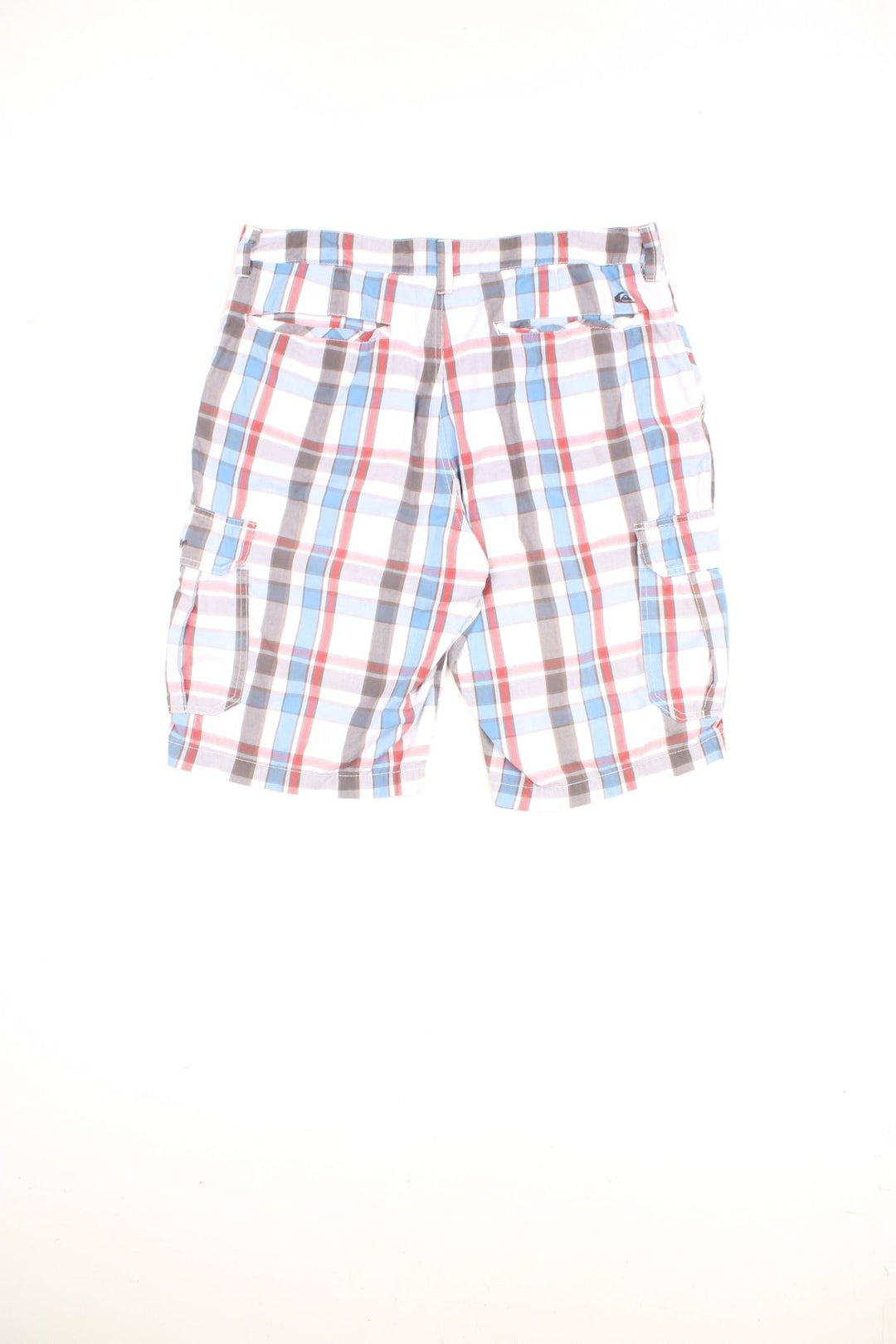 Quiksilver Shorts in a white, blue and red checkered colourway, has multiple pockets, and the logo embroidered on the front and back. 