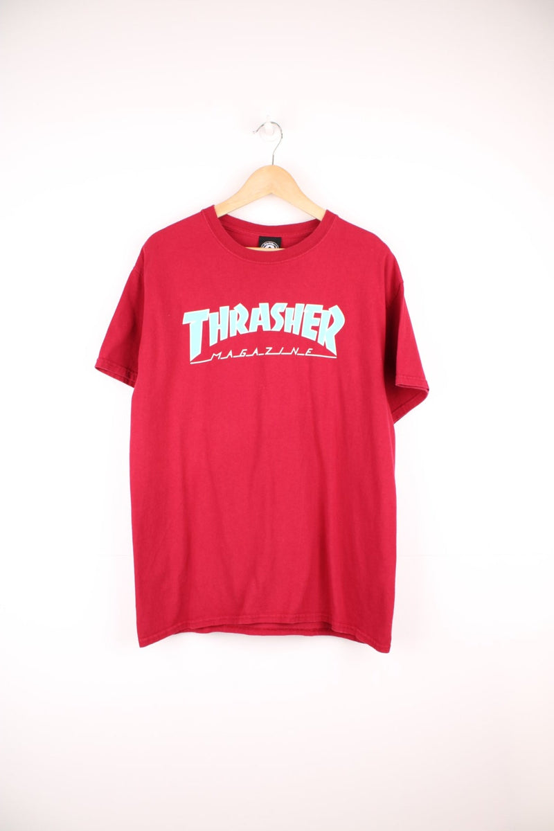 Vintage Thrasher Magazine red T-Shirt with classic blue spell out logo.