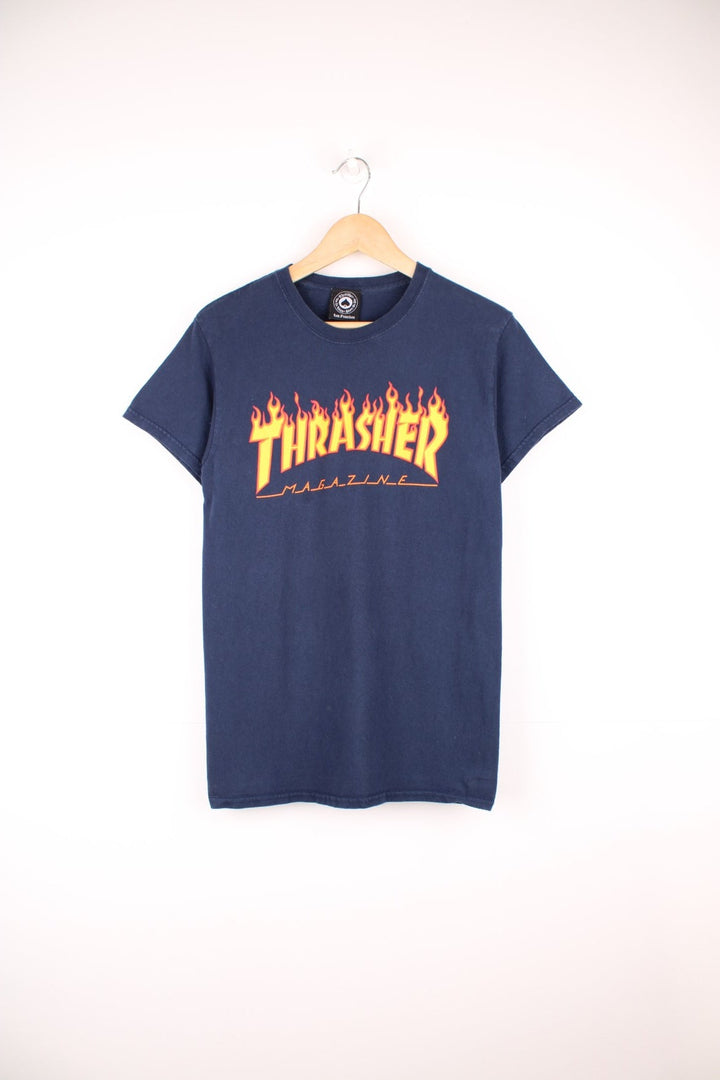 Vintage Thrasher Magazine classic spell out flame T-Shirt in navy blue.