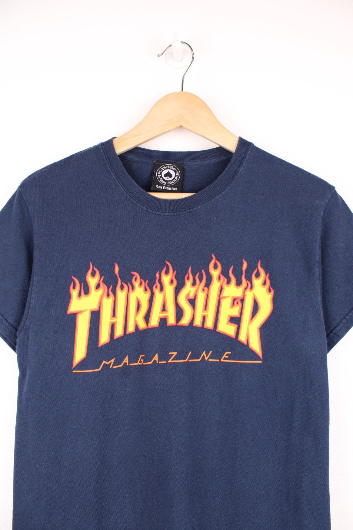 Vintage Thrasher Magazine classic spell out flame T-Shirt in navy blue.