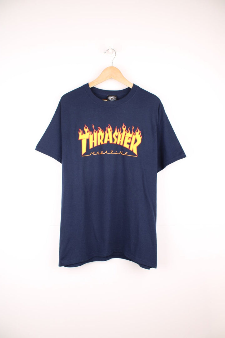 Vintage Thrasher Magazine classic spell out flame T-Shirt in navy blue.