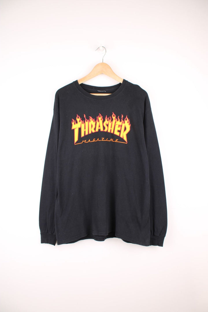 Vintage Thrasher Magazine classic spell out flame long sleeved T-Shirt in black.