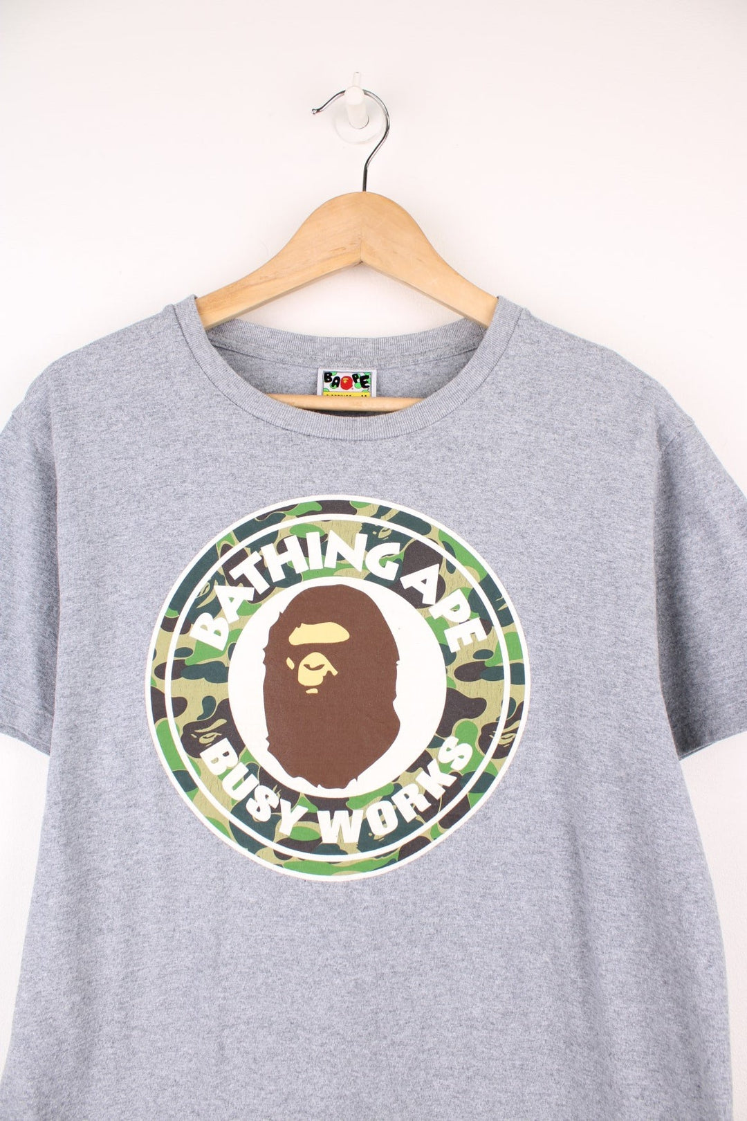 Bape Busy Works, green ABC camo T-Shirt in grey.