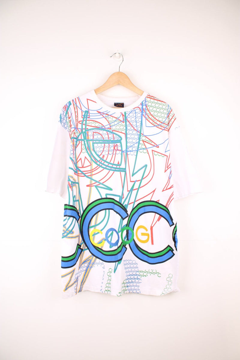 Coogi T-Shirt with multicoloured all over print and embroidered spell out logo.