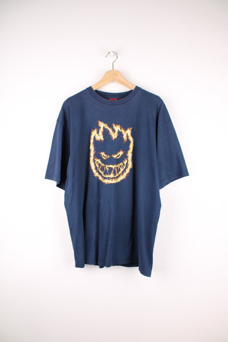 Spitfire Wheels Skateboarding T-Shirt in navy blue with classic printed flame logo.