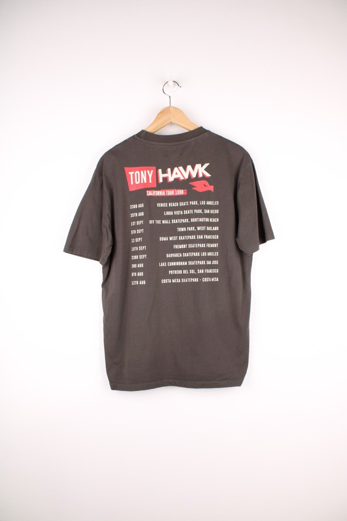 1998 Tony Hawk California Tour T-Shirt with print on the front and back.