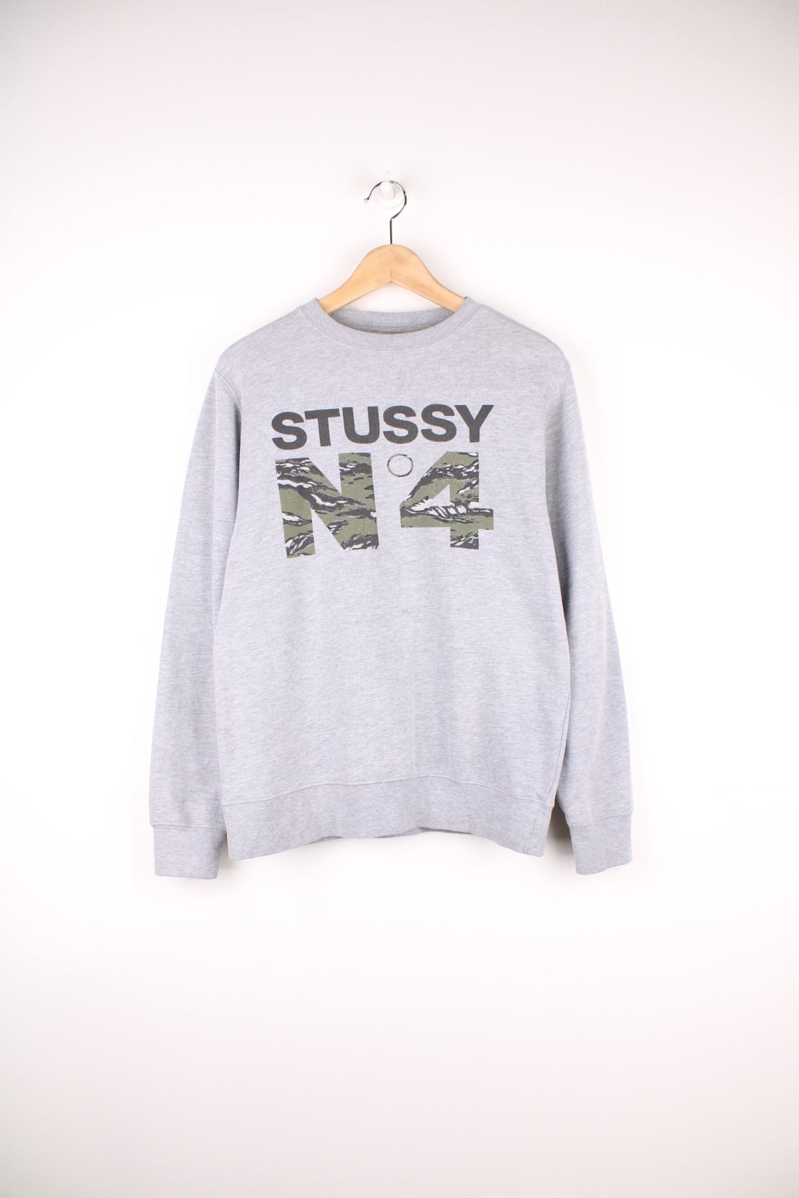 Stussy grey crewneck spell-out sweatshirt with printed spell-out on the front