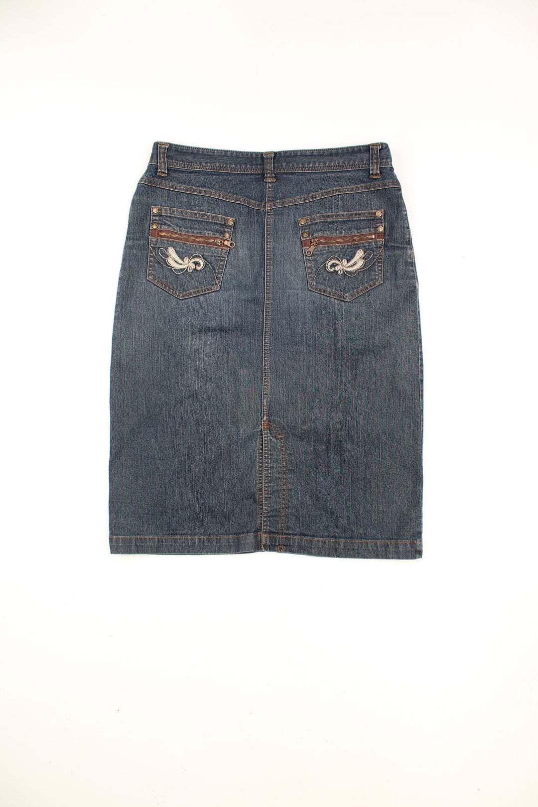 Y2K dark wash denim midi skirt with embroidered details on the back pocket