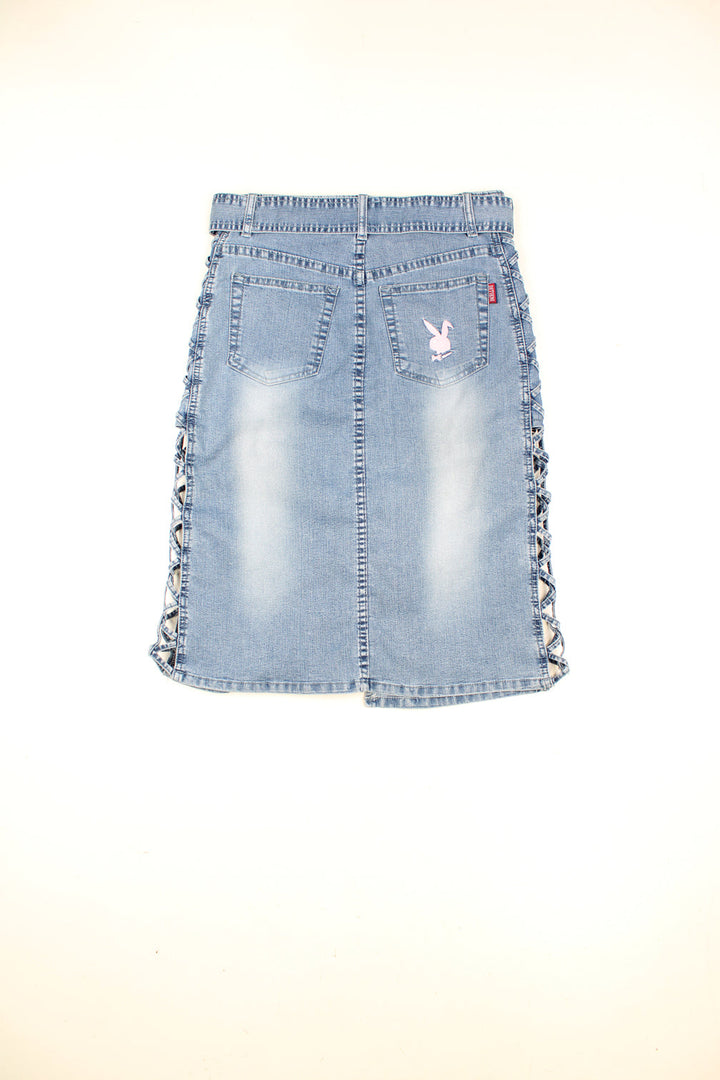 Y2K Playboy light wash denim midi skirt with belt, embroidered logo on the hip and lace up details