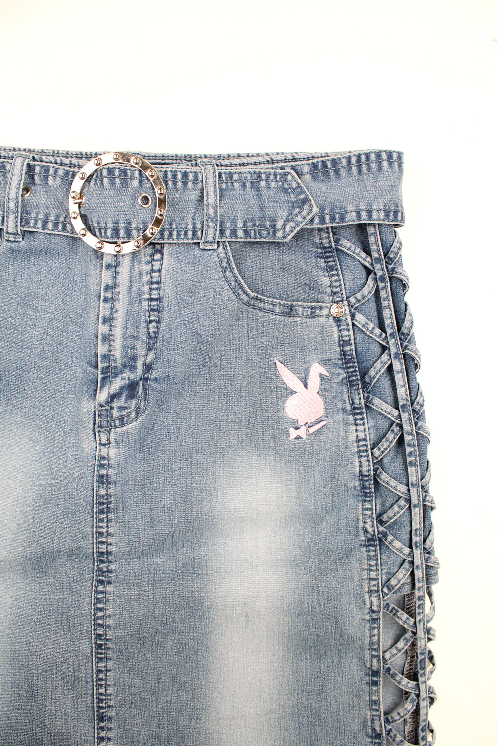 Y2K Playboy light wash denim midi skirt with belt, embroidered logo on the hip and lace up details