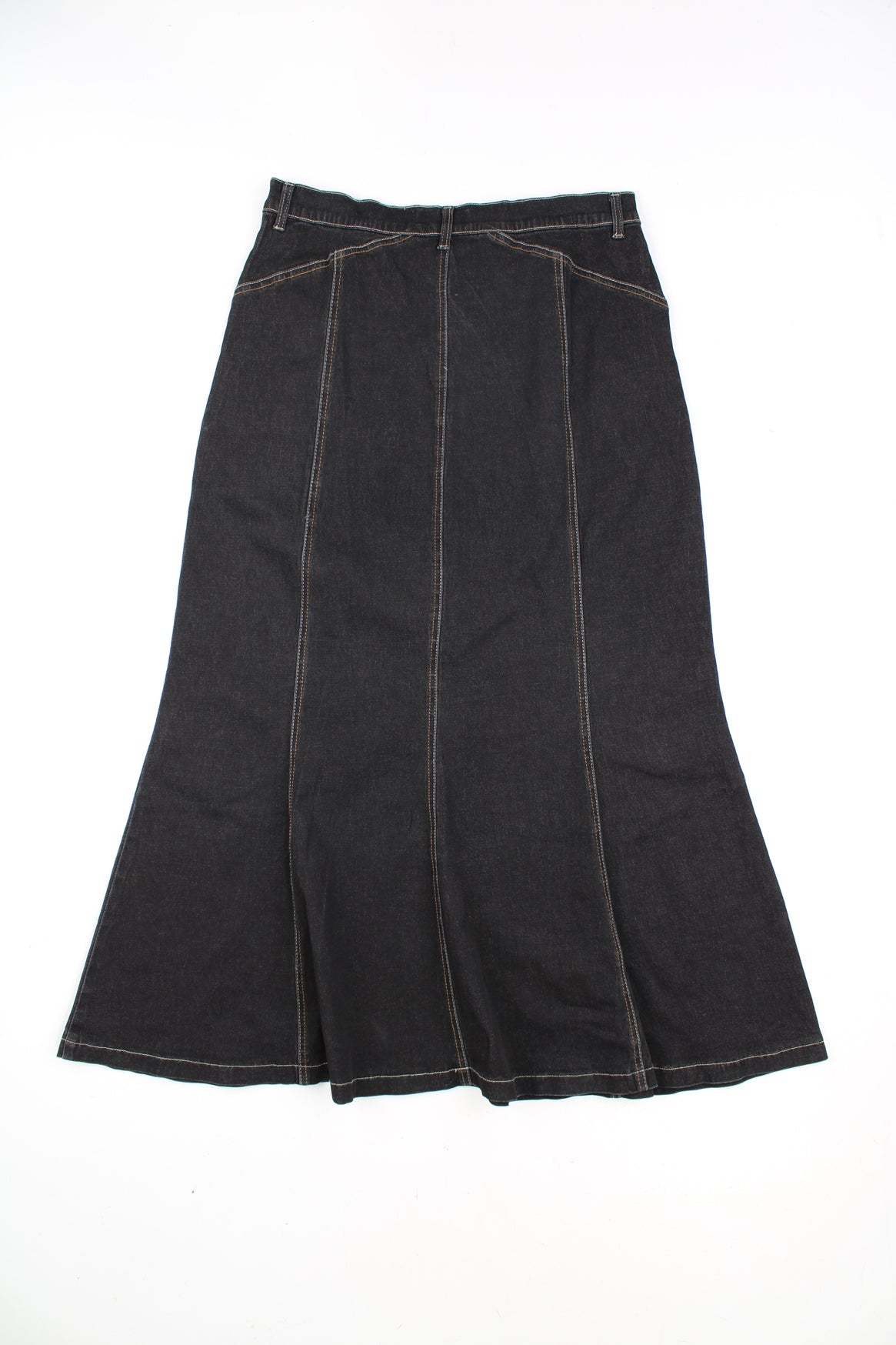 Y2K black denim panelled maxi skirt with contrast stitching