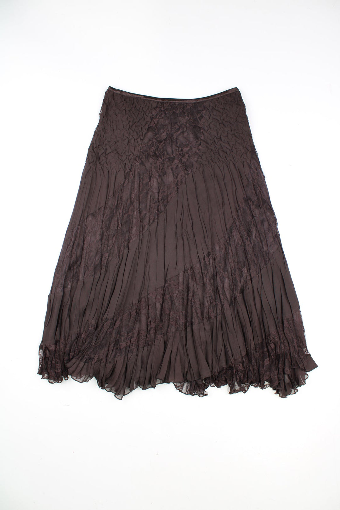 Bohemian style brown pleated maxi skirt with lace detailing