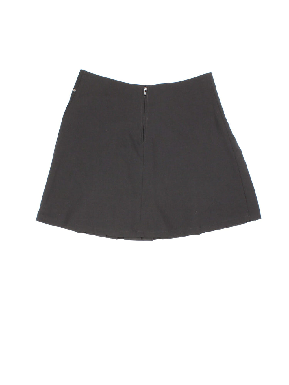 Y2K pleated mini skirt in black with silver stud detailing and zip closure.