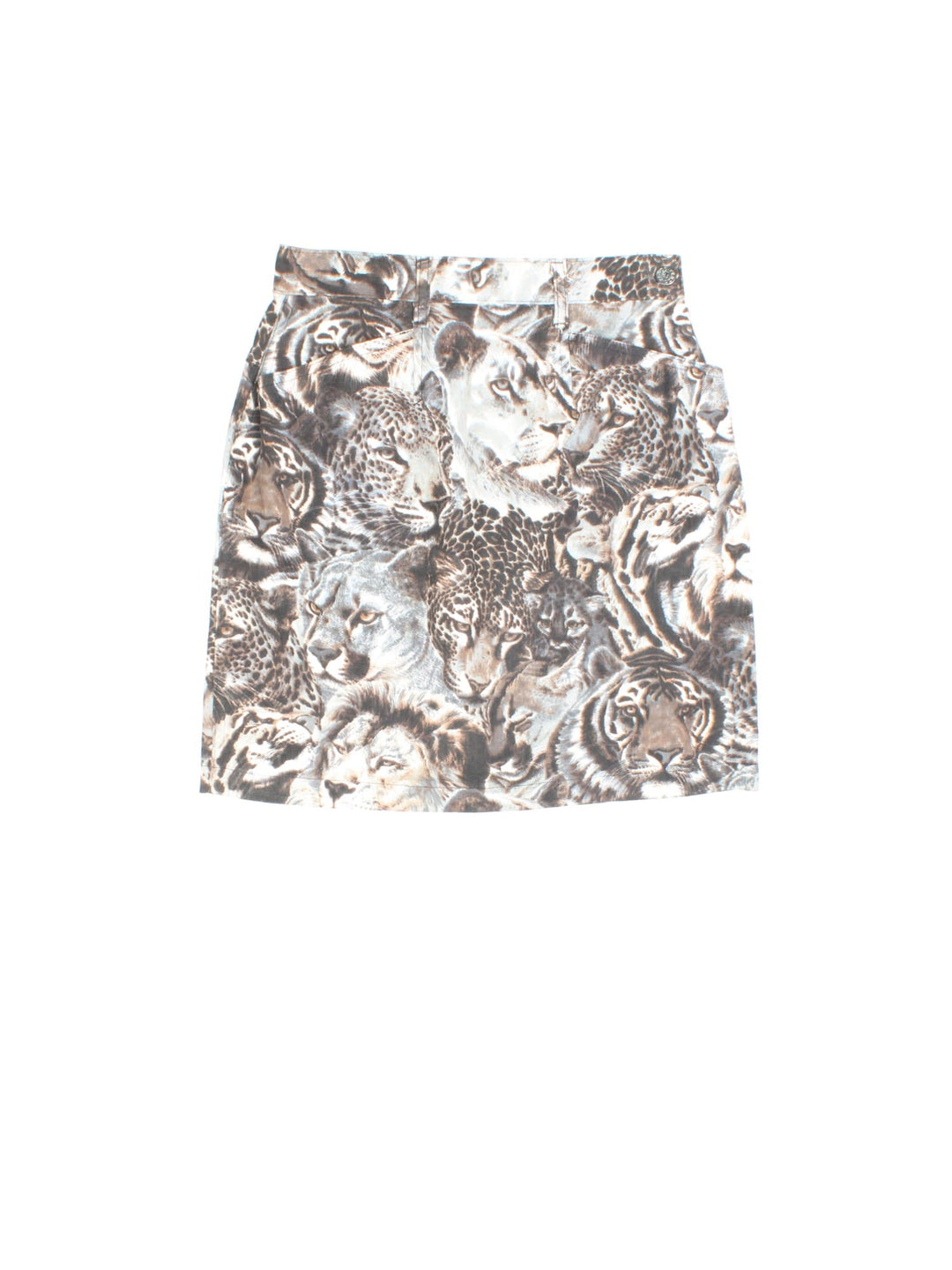 80s Kenzo big cat print denim mini skirt in grey with two pockets and zip and button closure.