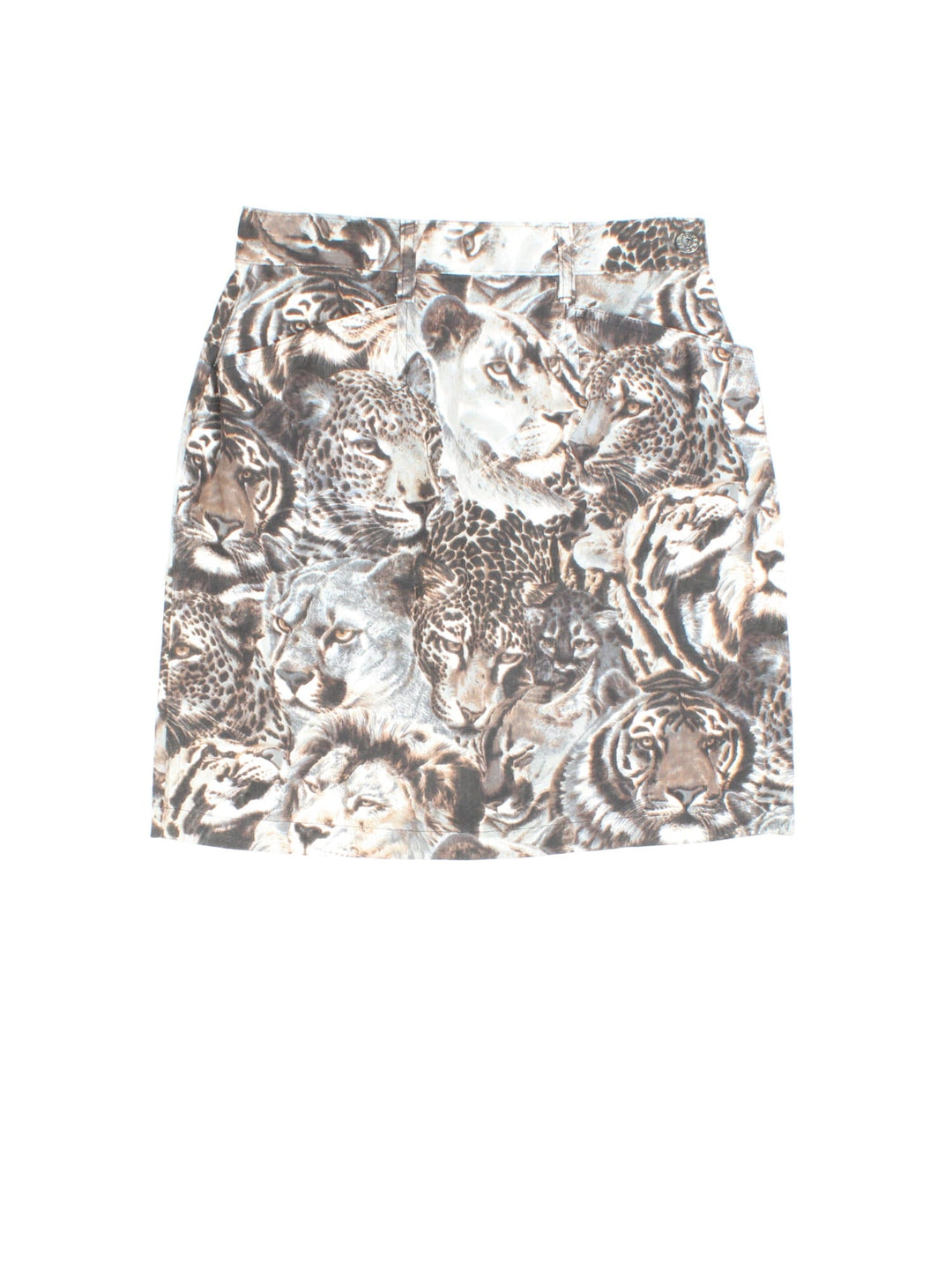 80s Kenzo big cat print denim mini skirt in grey with two pockets and zip and button closure.