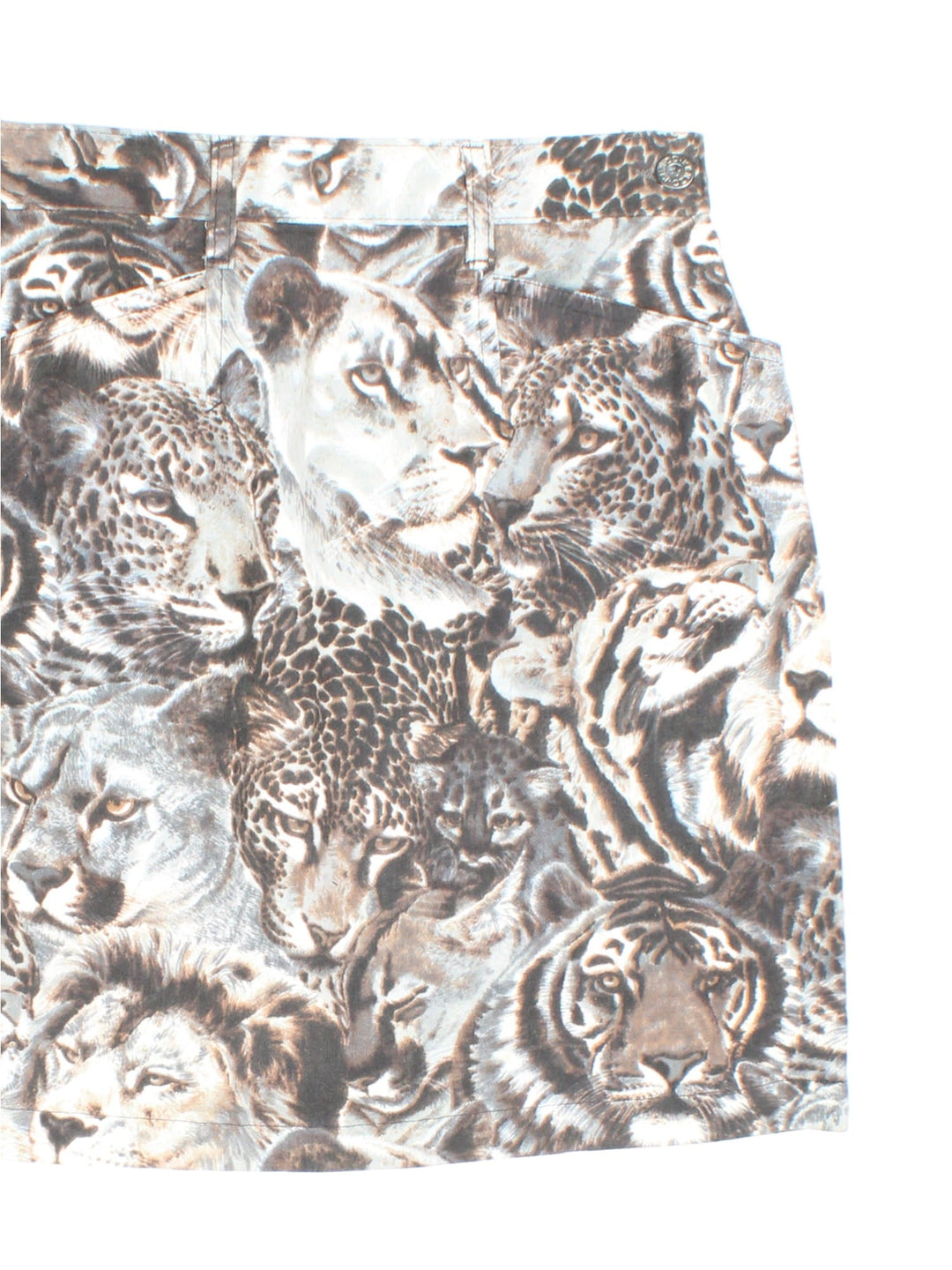 80s Kenzo big cat print denim mini skirt in grey with two pockets and zip and button closure.