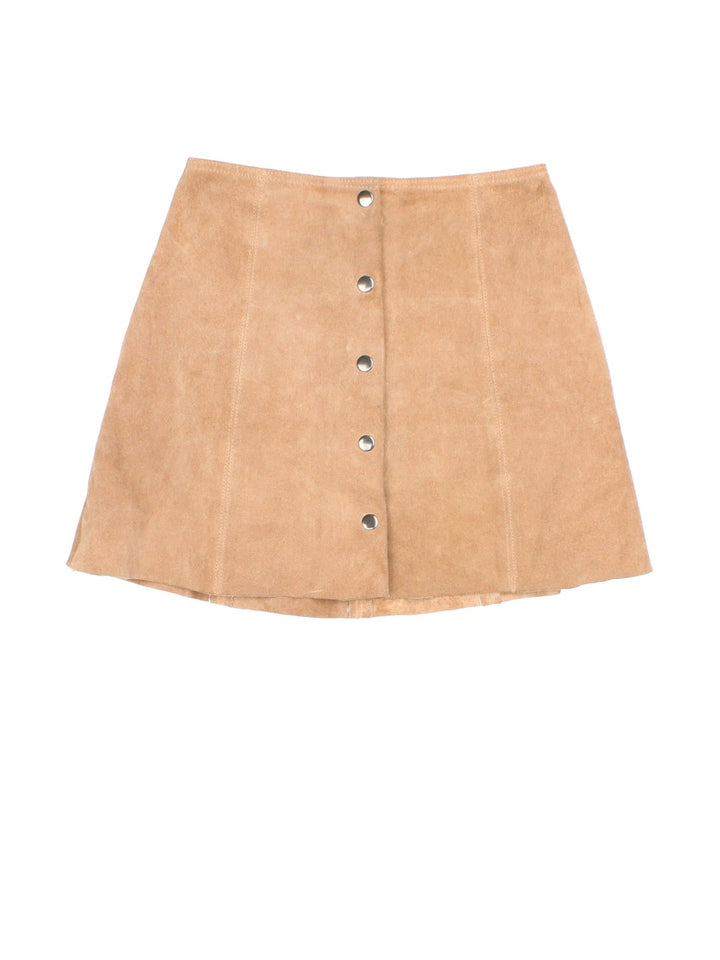 Y2K Topshop suede mini skirt in tan with snap closure.