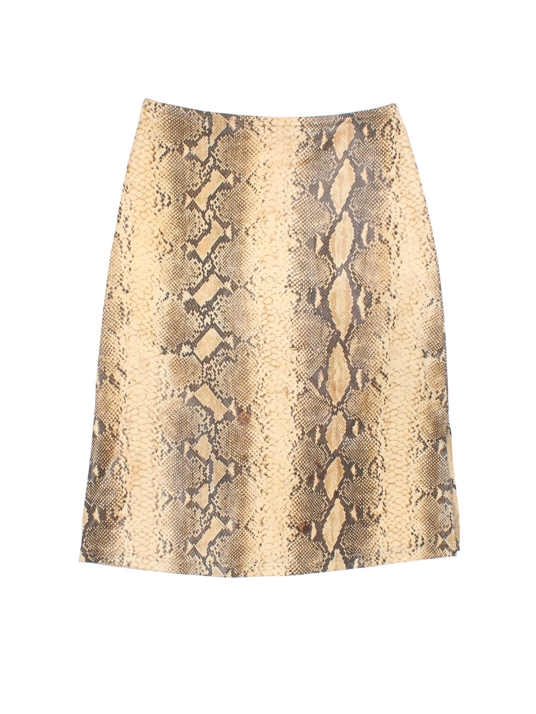 Y2K snake print skirt in a tan slinky fabric, with a small leg slit.