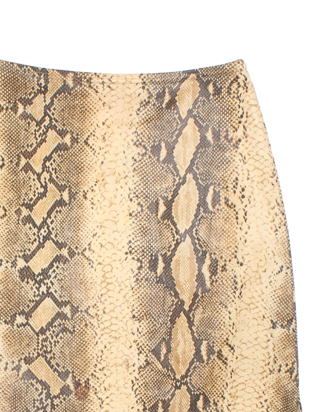 Y2K snake print skirt in a tan slinky fabric, with a small leg slit.