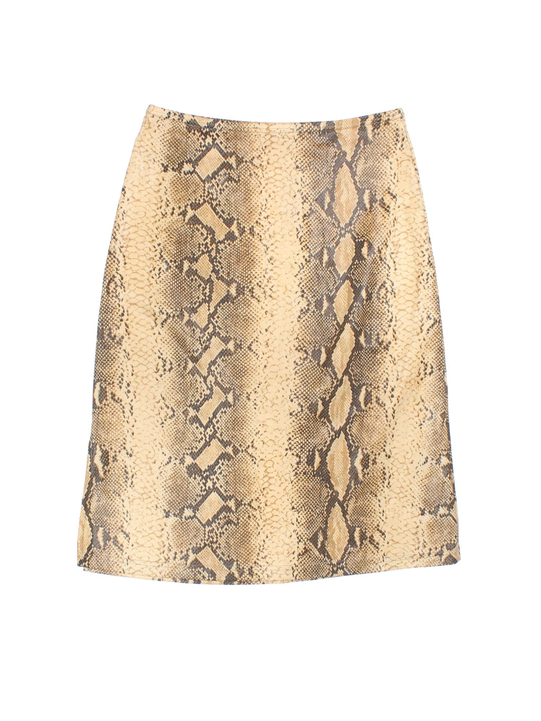 Y2K snake print skirt in a tan slinky fabric, with a small leg slit.