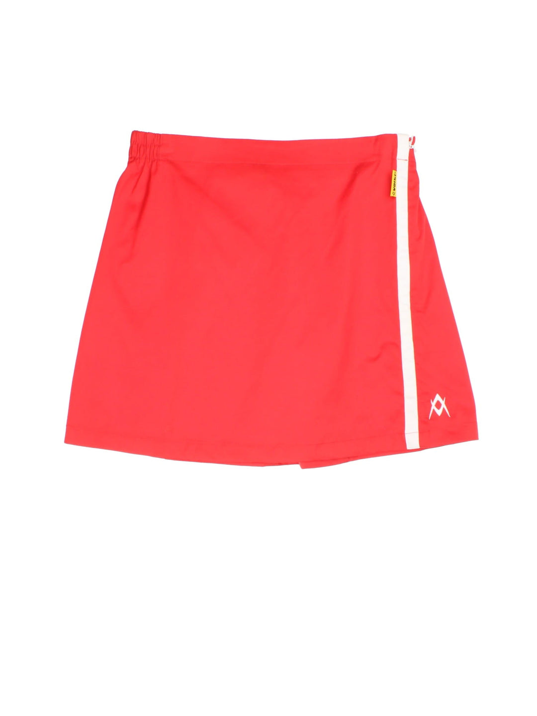 Y2K Volkl sporty mini skirt in red with white piping, zip closure, an elasticated waist, an embroidered logo and yellow logo tab.