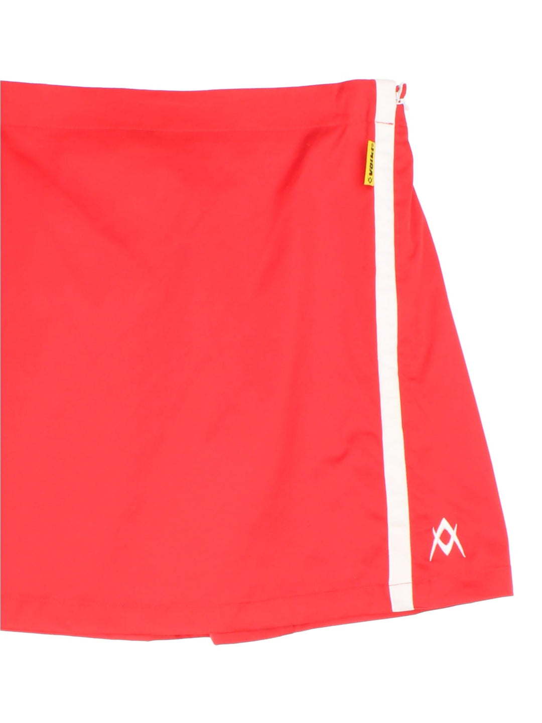 Y2K Volkl sporty mini skirt in red with white piping, zip closure, an elasticated waist, an embroidered logo and yellow logo tab.