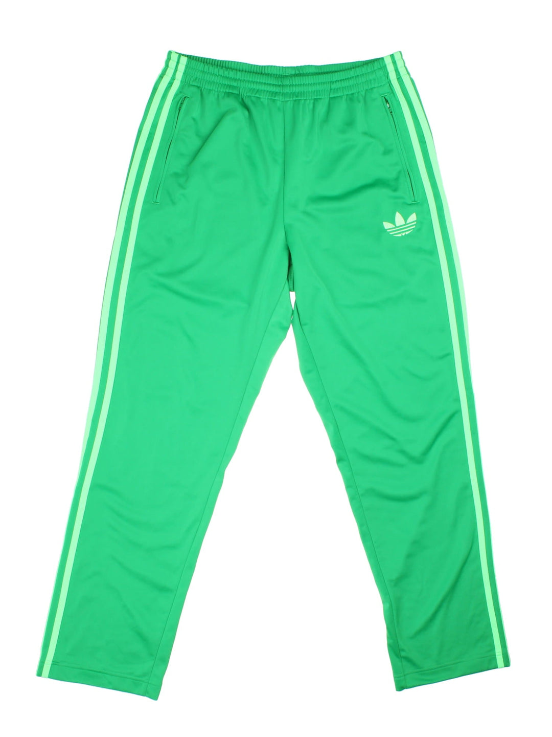 Adidas trefoil tracksuit bottoms in green with the three-stripe detail going down the sides, an elasticated waist, and two zipped pockets.