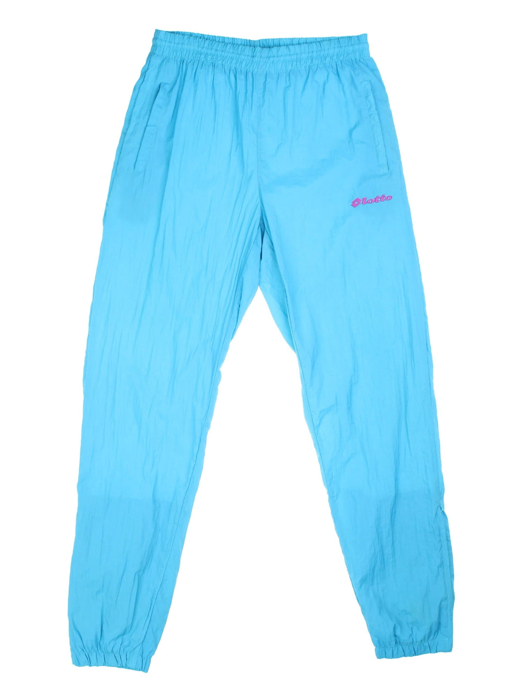 90s Lotto tracksuit bottoms in blue with two zipped pockets, an elasticated waist, and an embroidered logo in purple.