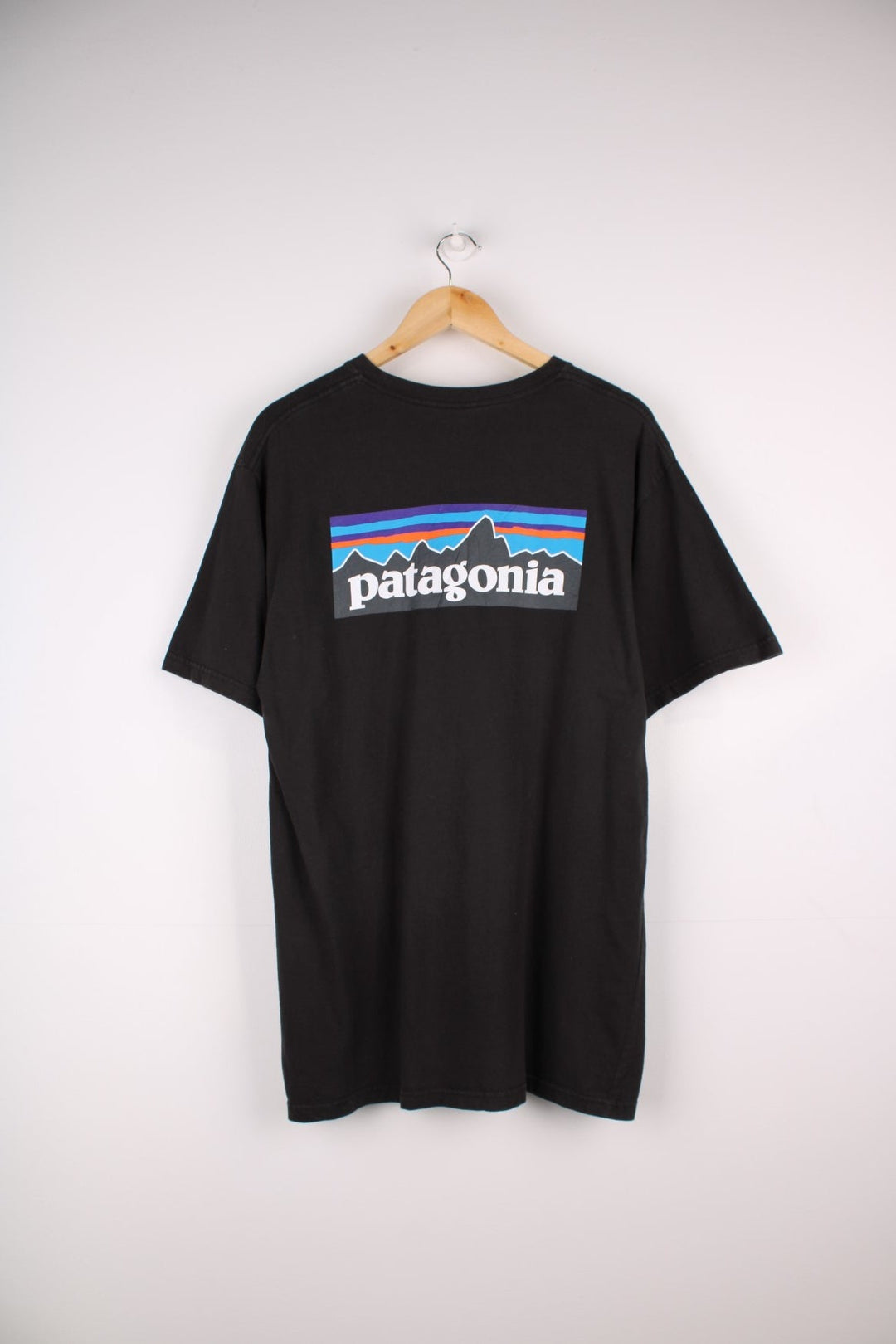 Patagonia T-Shirt in a black colourway with the Patagonia logo printed on the front, and a large print on the back.