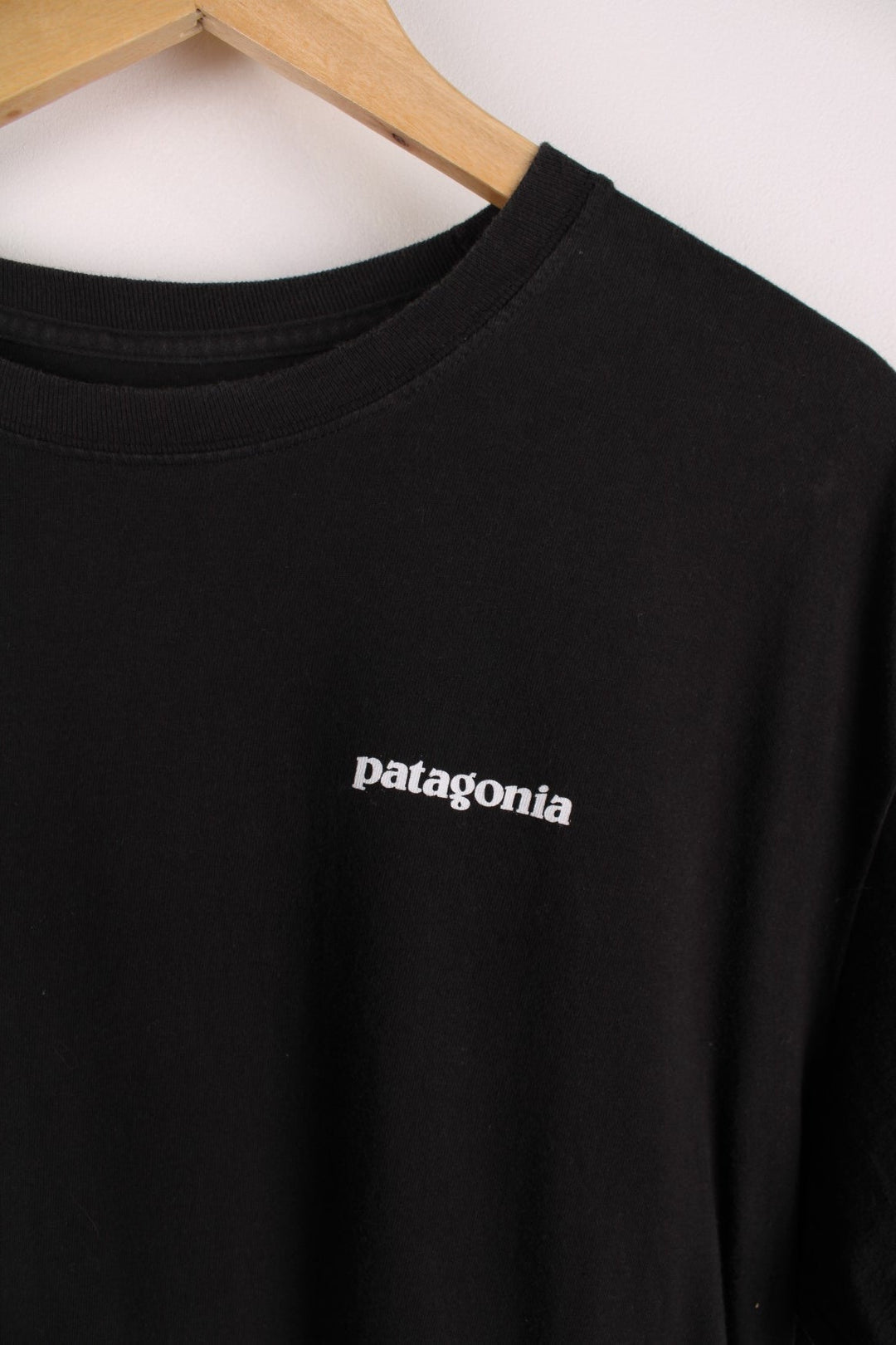 Patagonia T-Shirt in a black colourway with the Patagonia logo printed on the front, and a large print on the back.